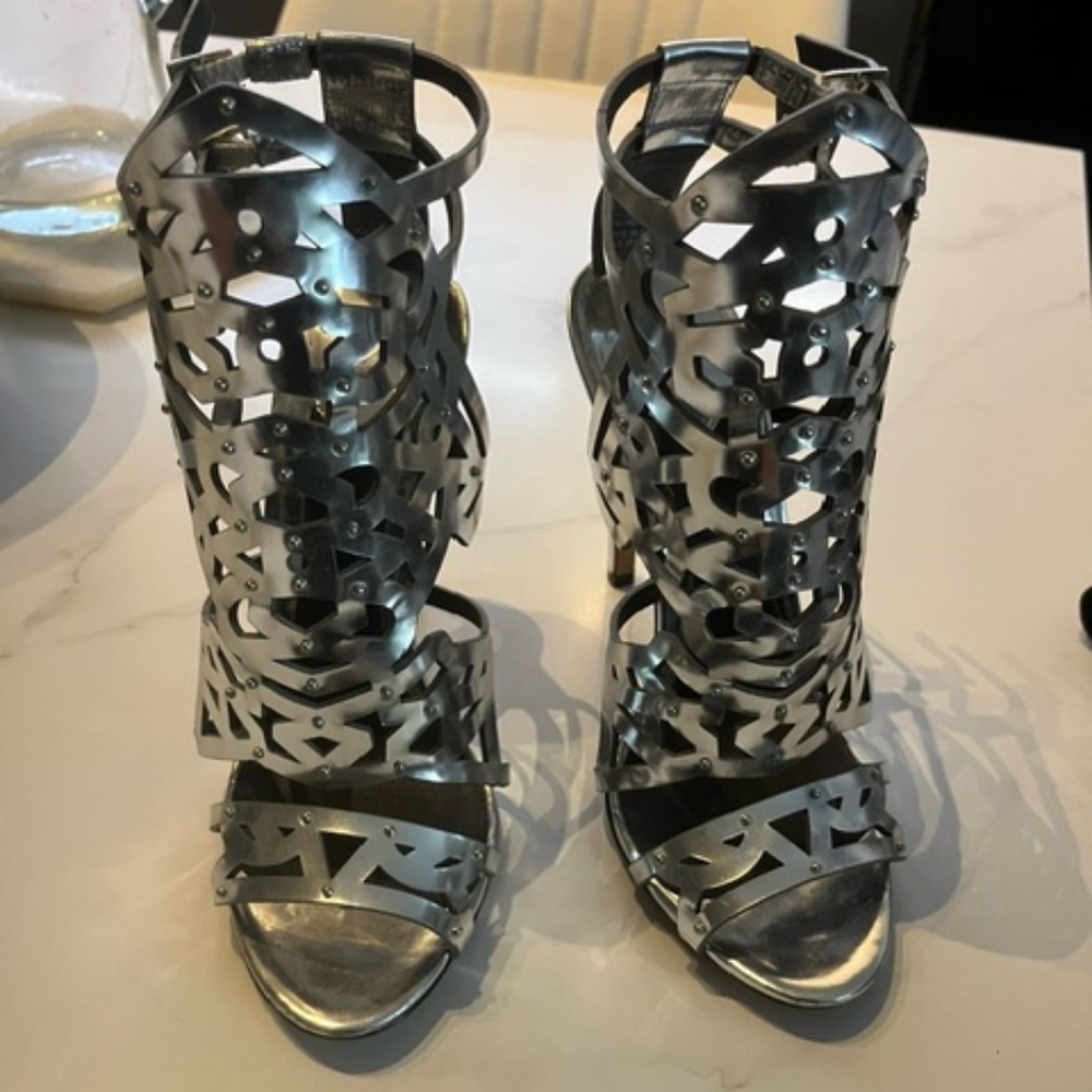 Brian Atwood Silver Metallic Caged Sandal High Heels